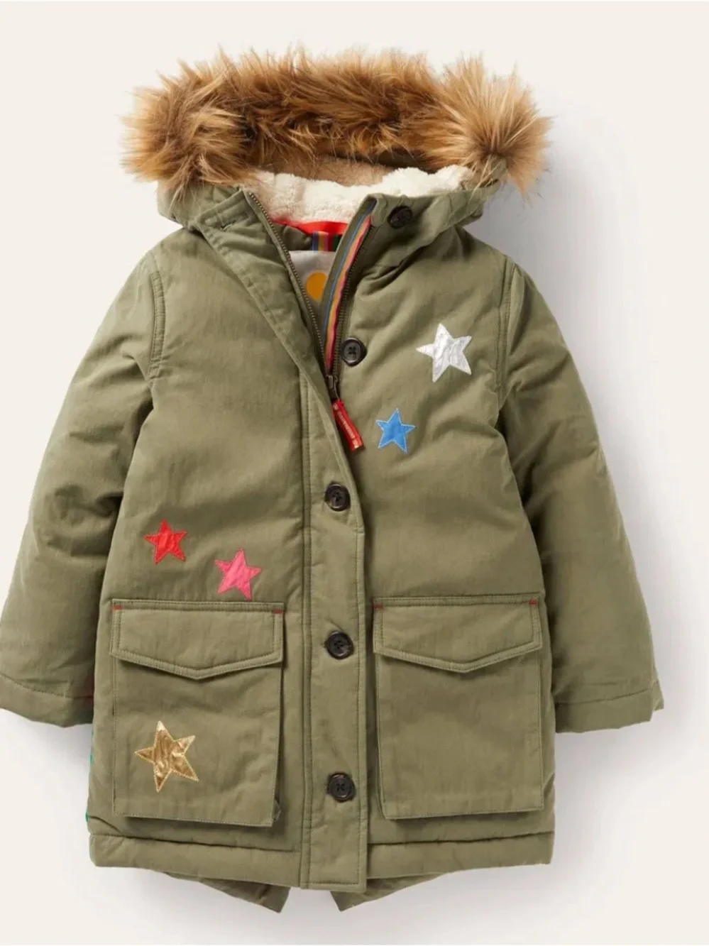 Mini Boden Girls’ Cozy Rainbow Star Parka, Size 5-6Y, NWT